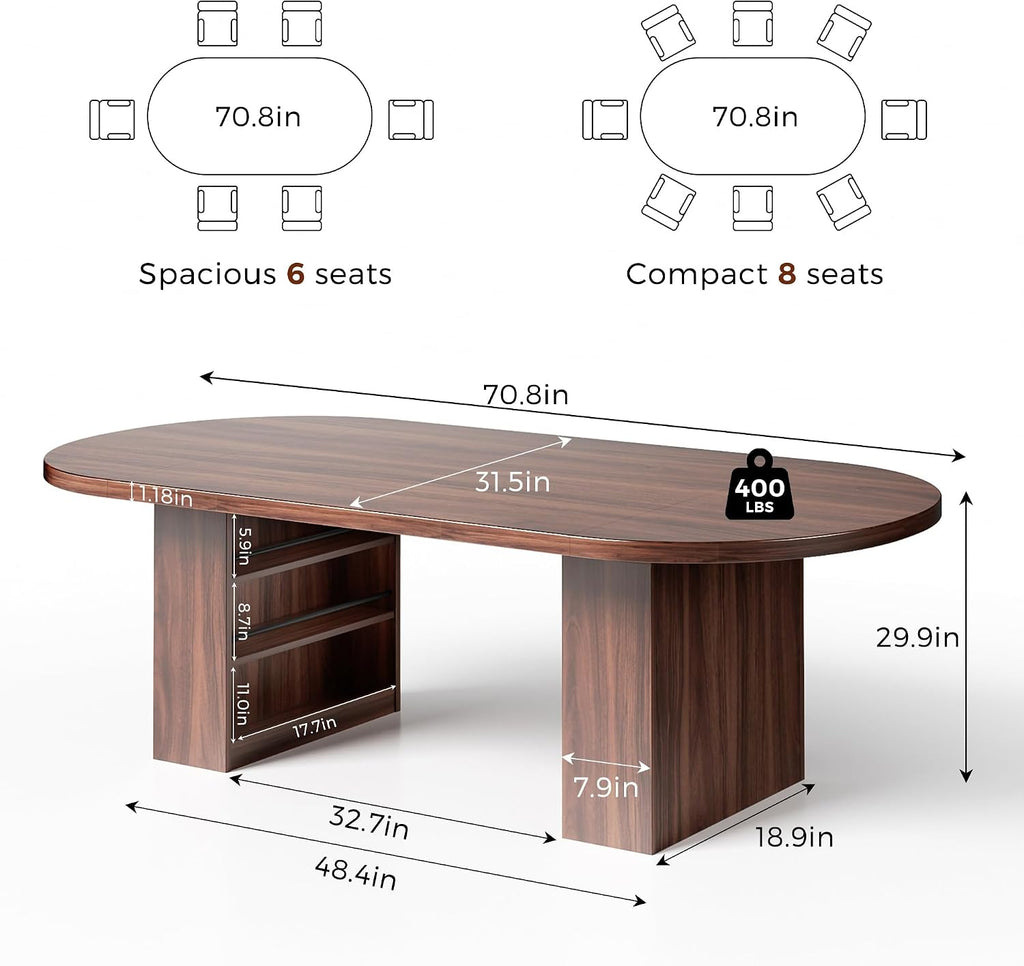 Jocoevol 70.8" Oval Dining Table for 6-8, Modern Dining Room Table with 3-Tier Storage Shelf, Wood Dinner Tables with Heavy Duty Pedestal Base for Kitchen Living Room - Walnut