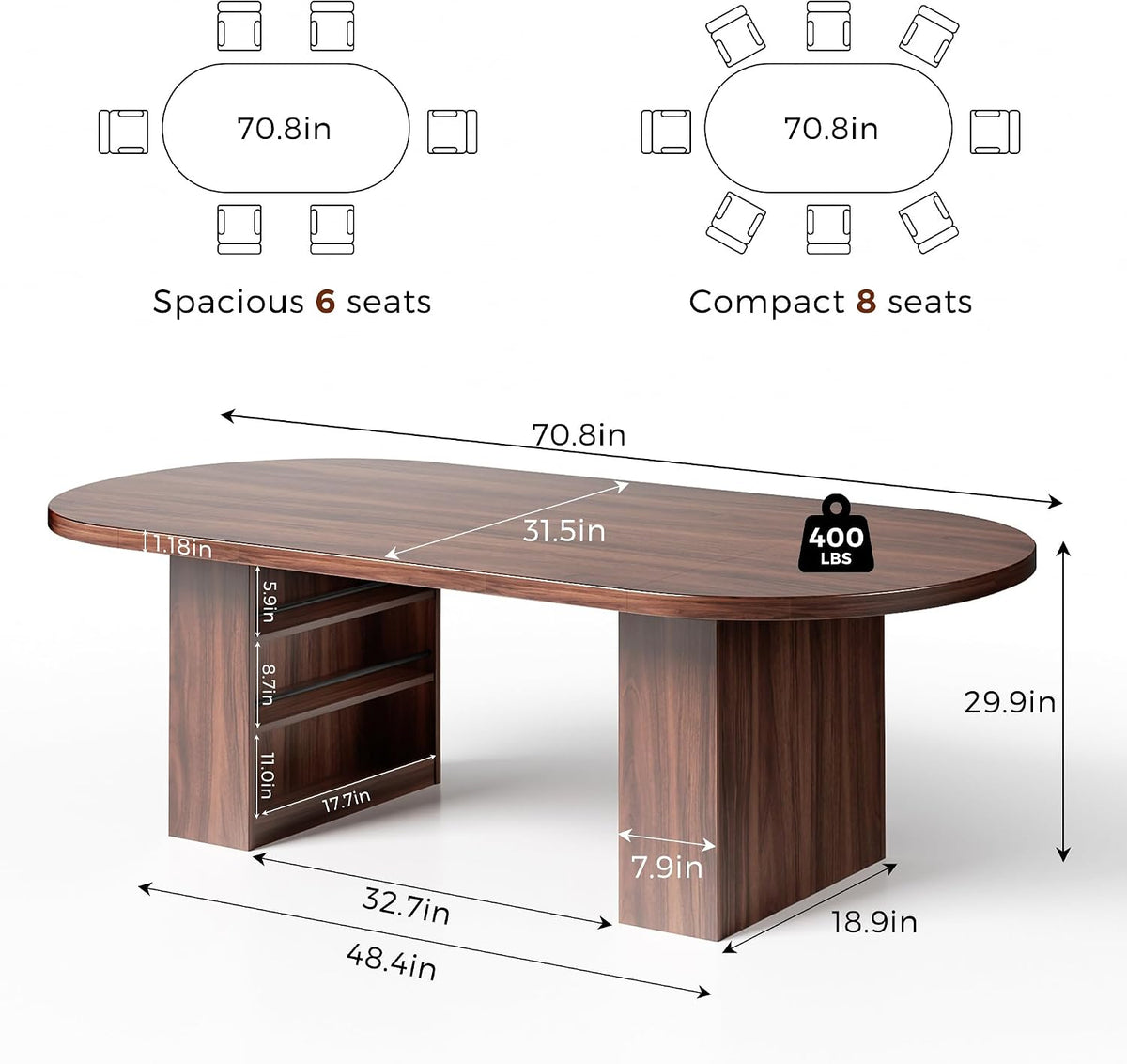 Jocoevol 70.8" Oval Dining Table for 6-8, Modern Dining Room Table with 3-Tier Storage Shelf, Wood Dinner Tables with Heavy Duty Pedestal Base for Kitchen Living Room - Walnut