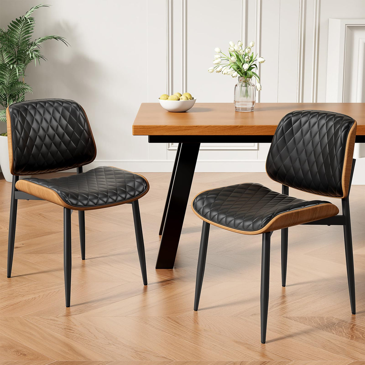 REONEY Dining Chairs Set of 2, Mid-Century Modern Kitchen Chairs, Black