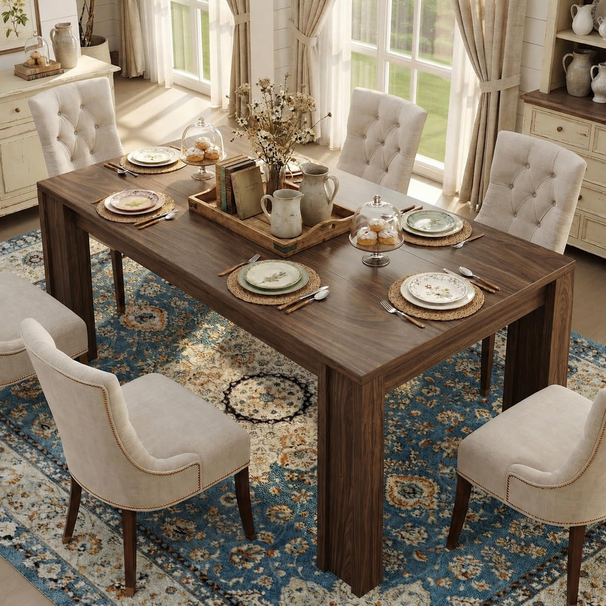 CABIHOME 71" Long Dining Table for 6-8, Rectangular Farmhouse Kitchen Dining Room Table w/Wider H Legs & Large Wooden Tabletop, Sturdy Frame, Wood Strip Base, for Apartment, Kitchen, Dining, Walnut