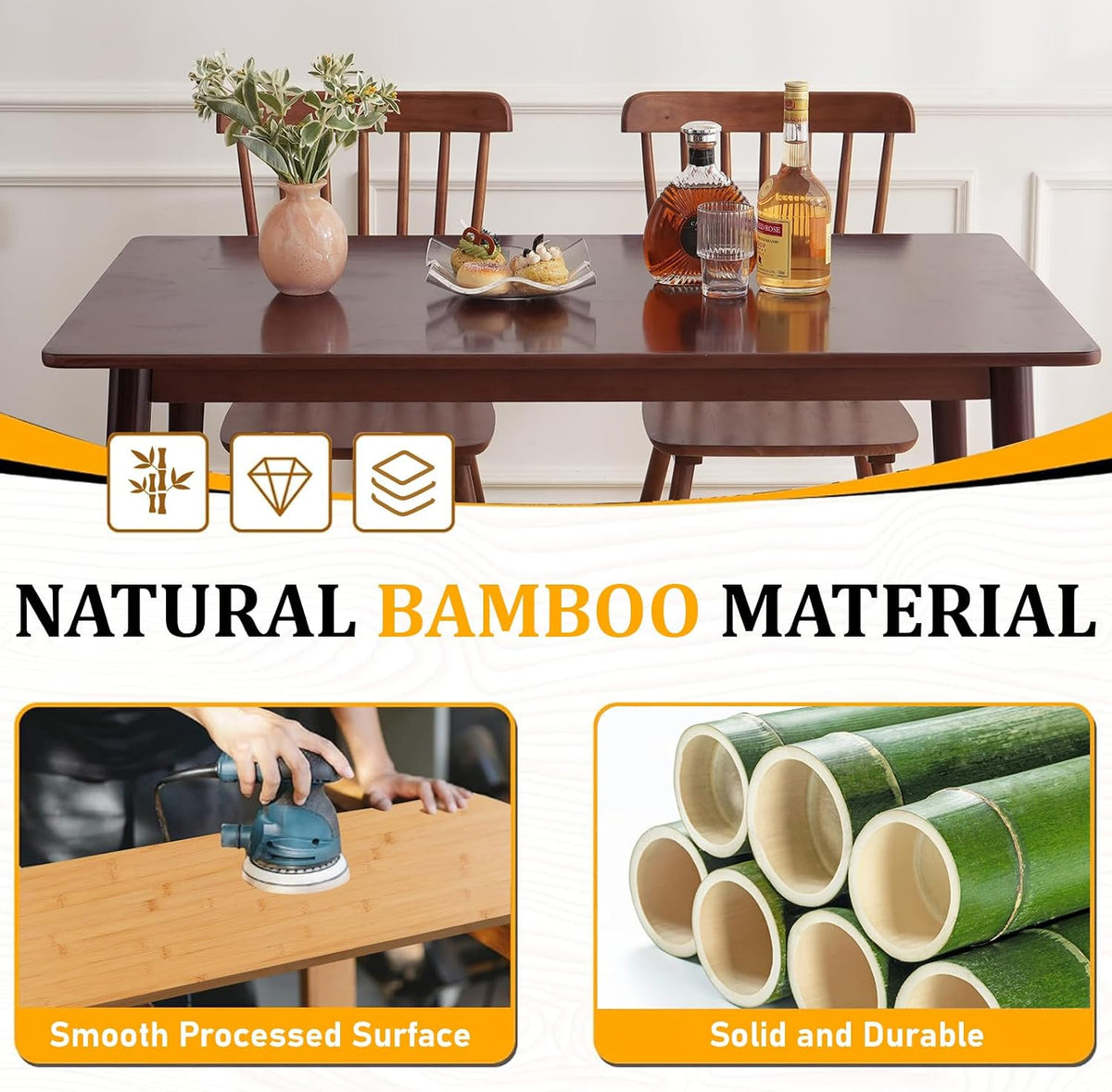 BAKEVE Bamboo Dining Table for 4-6 Person- 47.2'' Solid Wood Kitchen Table, Farmhouse Rectangular Dining Room Table, Mid Century Modern Desk for Living Room, Kitchen, Walnut, FSC-Certified Bamboo