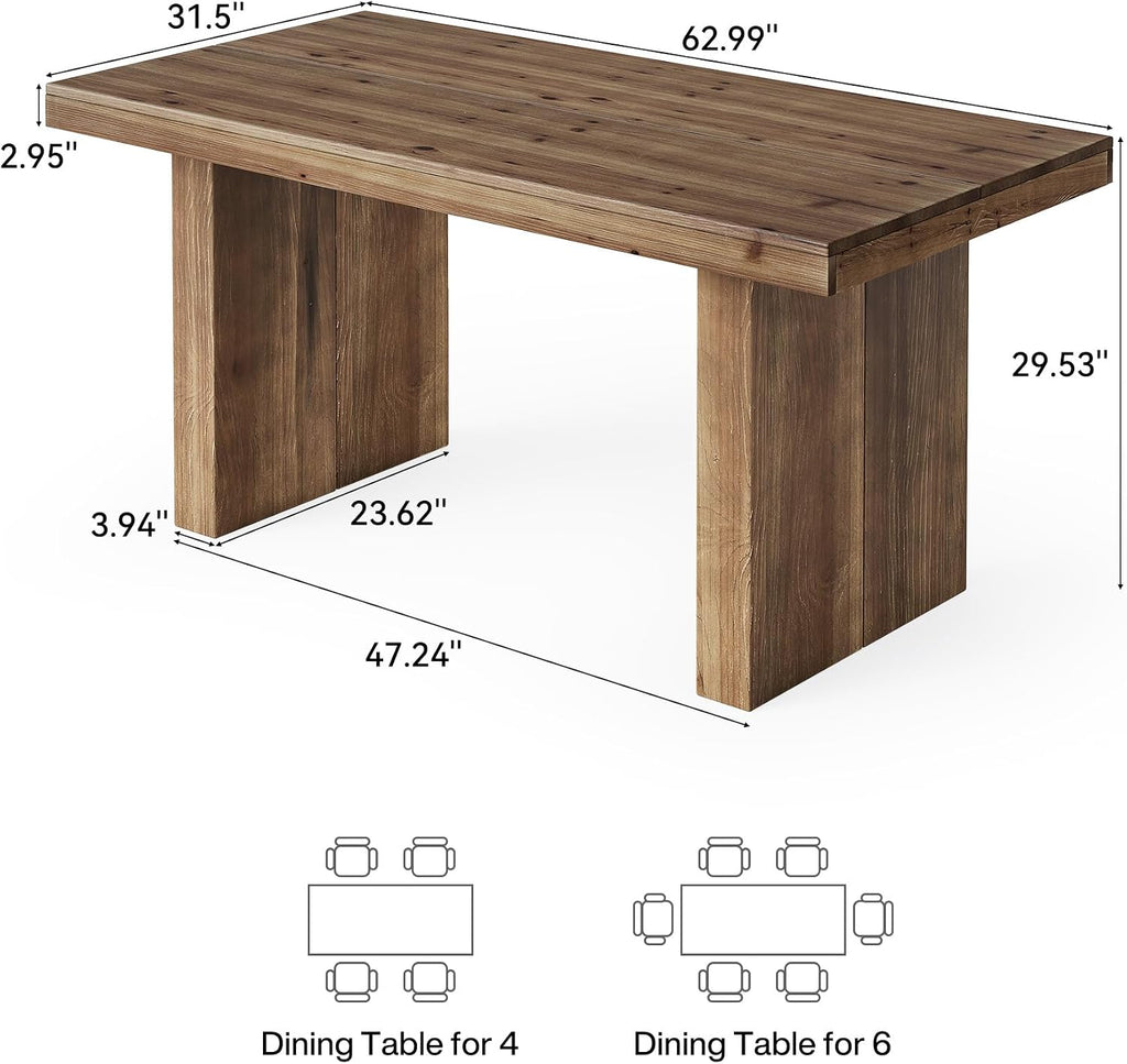 63" Solid Wood Dining Table for 4-6 People, Farmhouse Rectangle Kitchen Dinner Table with Wooden Heavy-Duty Legs for Dining Room, Kitchen, Simple Style & Easy Assembly (Dark Brown)