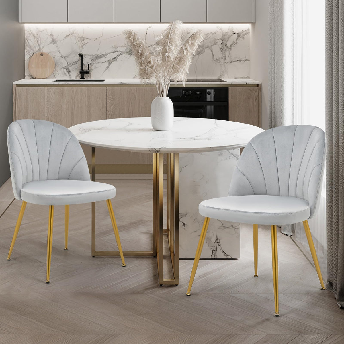 Velvet Dining Chairs Set of 4, Mid-Century Modern Upholstered Kitchen Chair with Metal Gold Legs for Living Room, Dining Room, White