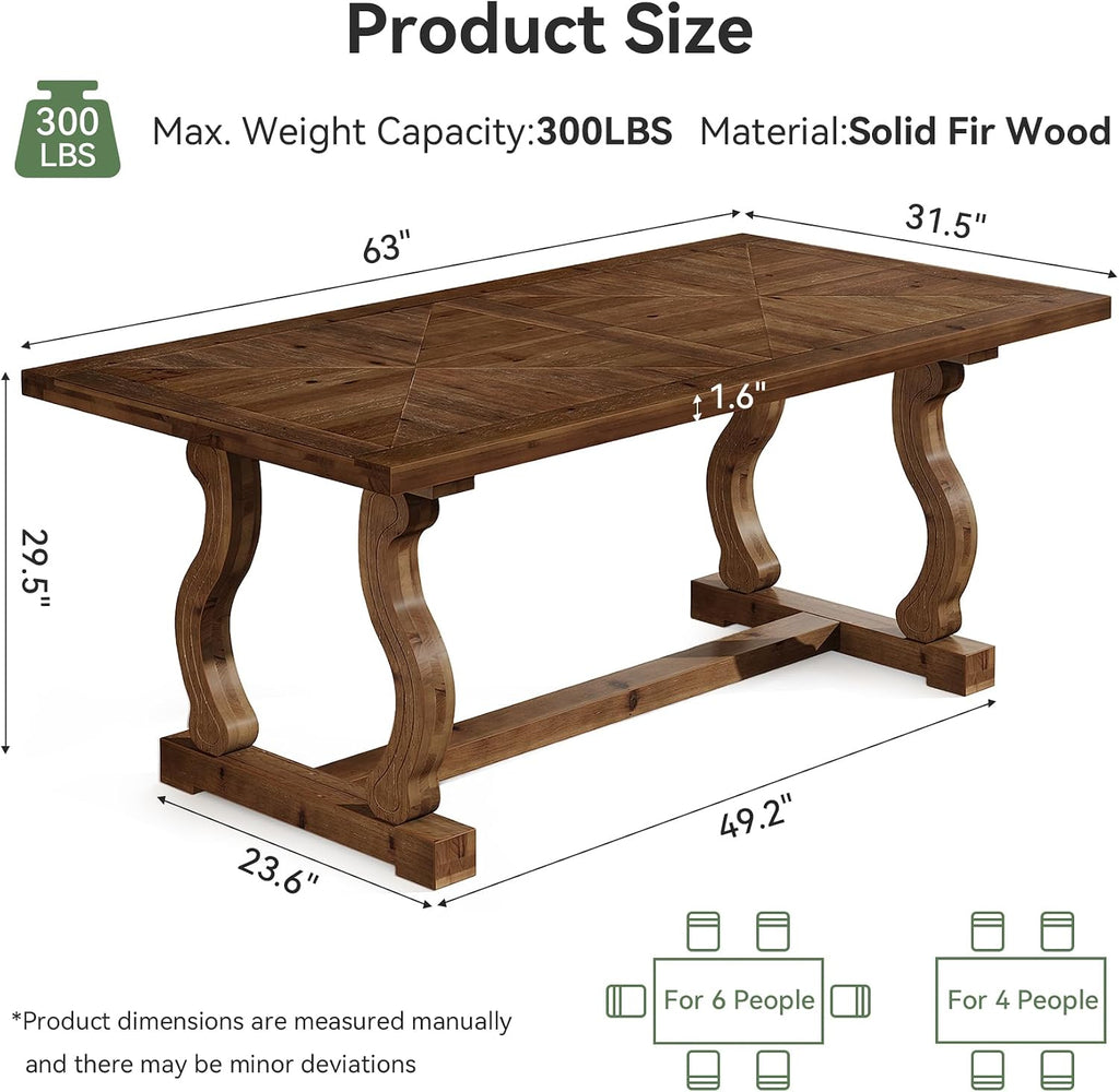 Solid Wood Dining Table for 4-6 People, 63" Kitchen Table