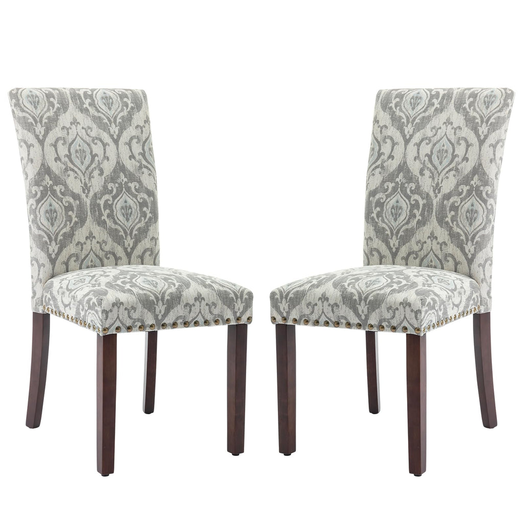 COLAMY Upholstered Parsons Dining Chairs Set of 4, Fabric Dining Room Kitchen Side Chair with Nailhead Trim and Wood Legs - Blue/White Flower