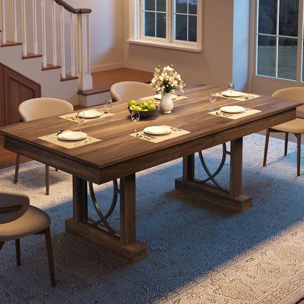 IDEALHOUSE Wooden Dining Table for 6-8 People with 2 Large Drawers, 71 in Long Farmhouse Rectangular Kitchen Dining Table & Thick Table Top, Sturdy Frame, for Big Family, Dinette, Rustic Gray