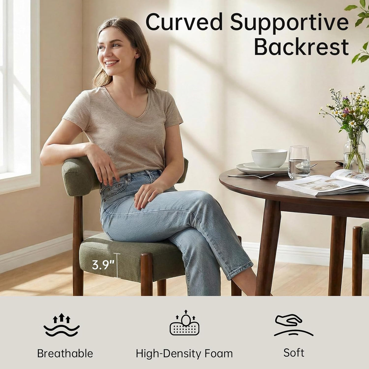 VKNOW Wooden Dining Chairs Set of 4 with Walnut Wood Legs and Curved Back