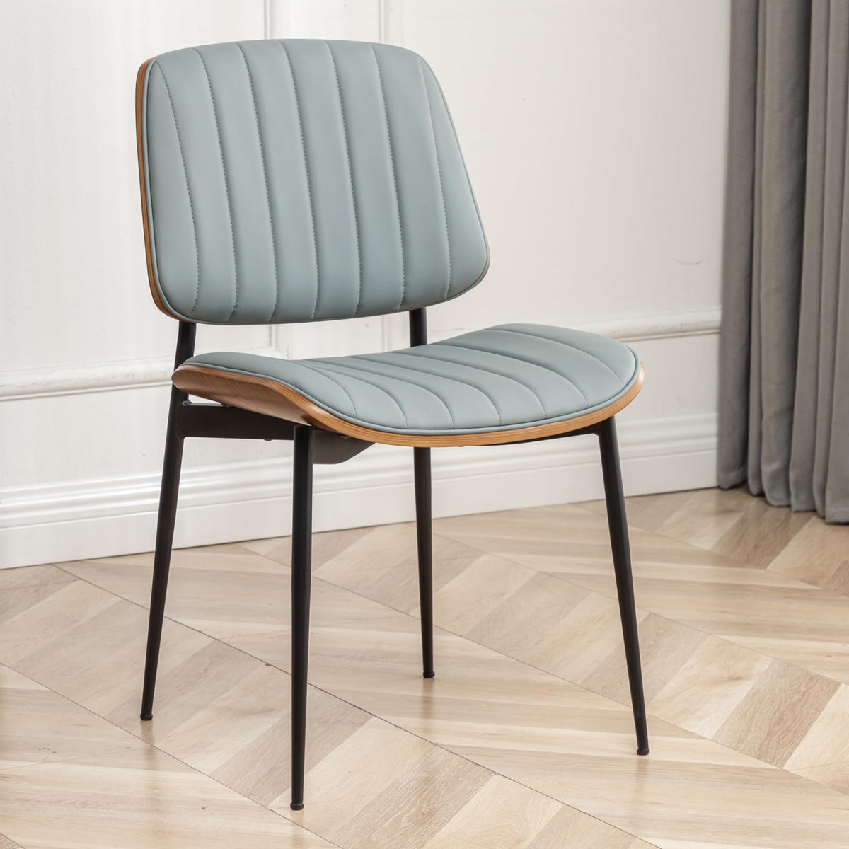 LUNLING Dining Chairs Set of 2 Mid Century Modern Retro Green Velvet Kitchen Chairs with Walnut Bentwood Upholstered Seat Metal Legs Adjustable Foot for Kitchen Dining Room Chairs(Green Fabric)