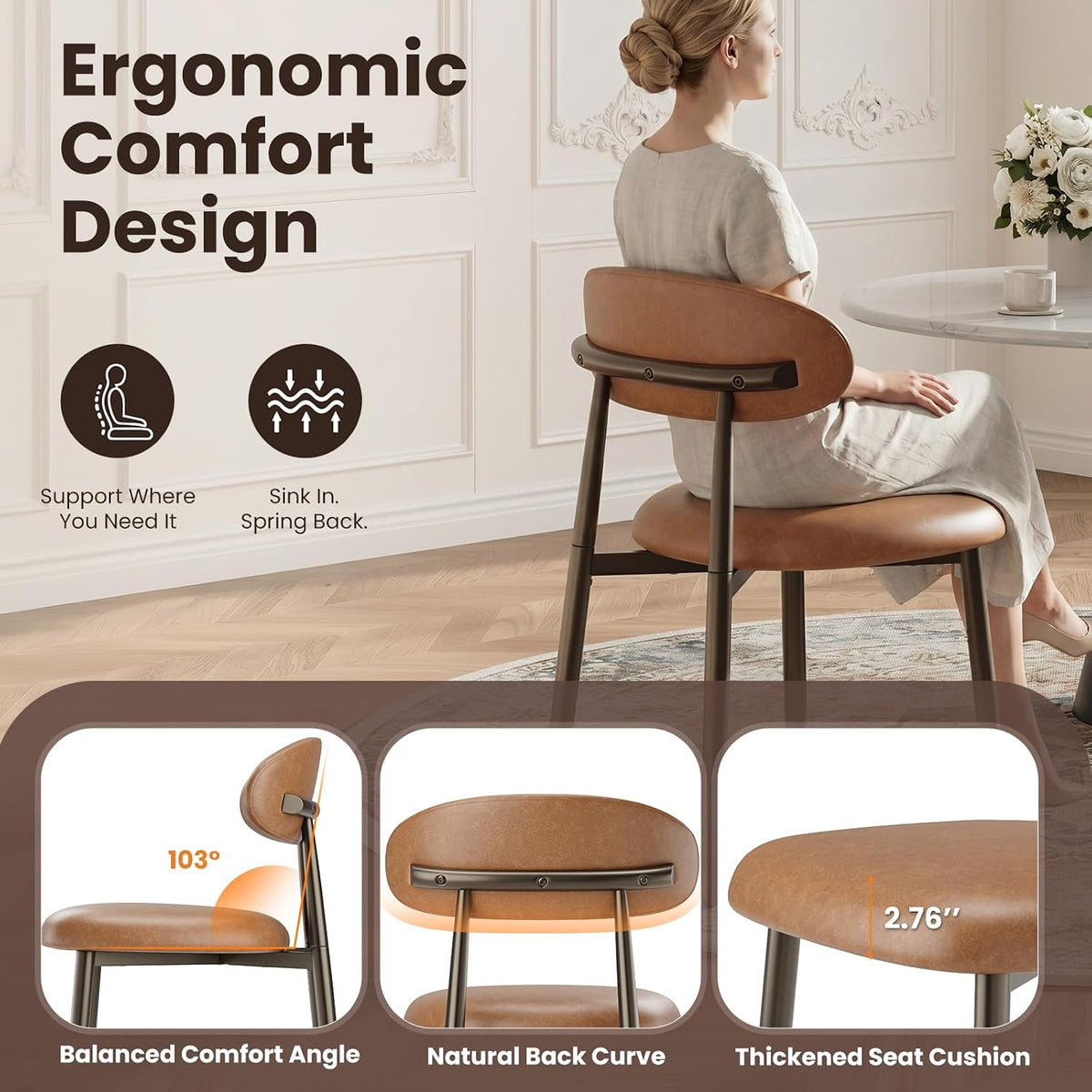 MALOL Dining Chairs Set of 4, Modern Upholstered Kitchen & Dining Room Chairs, Curved Back Dining Chairs with Sturdy Metal Legs, Comfortable Side Chairs for Dining Room, Kitchen, Living Room, Brown