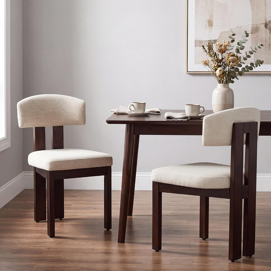 COLAMY Upholstered Dining Chairs Set of 6, Solid Wood Wobble-Free Modern Kitchen Accent Seating for Long Family Dinners, Mid Century Beige Fabric & Walnut Finish,Camel