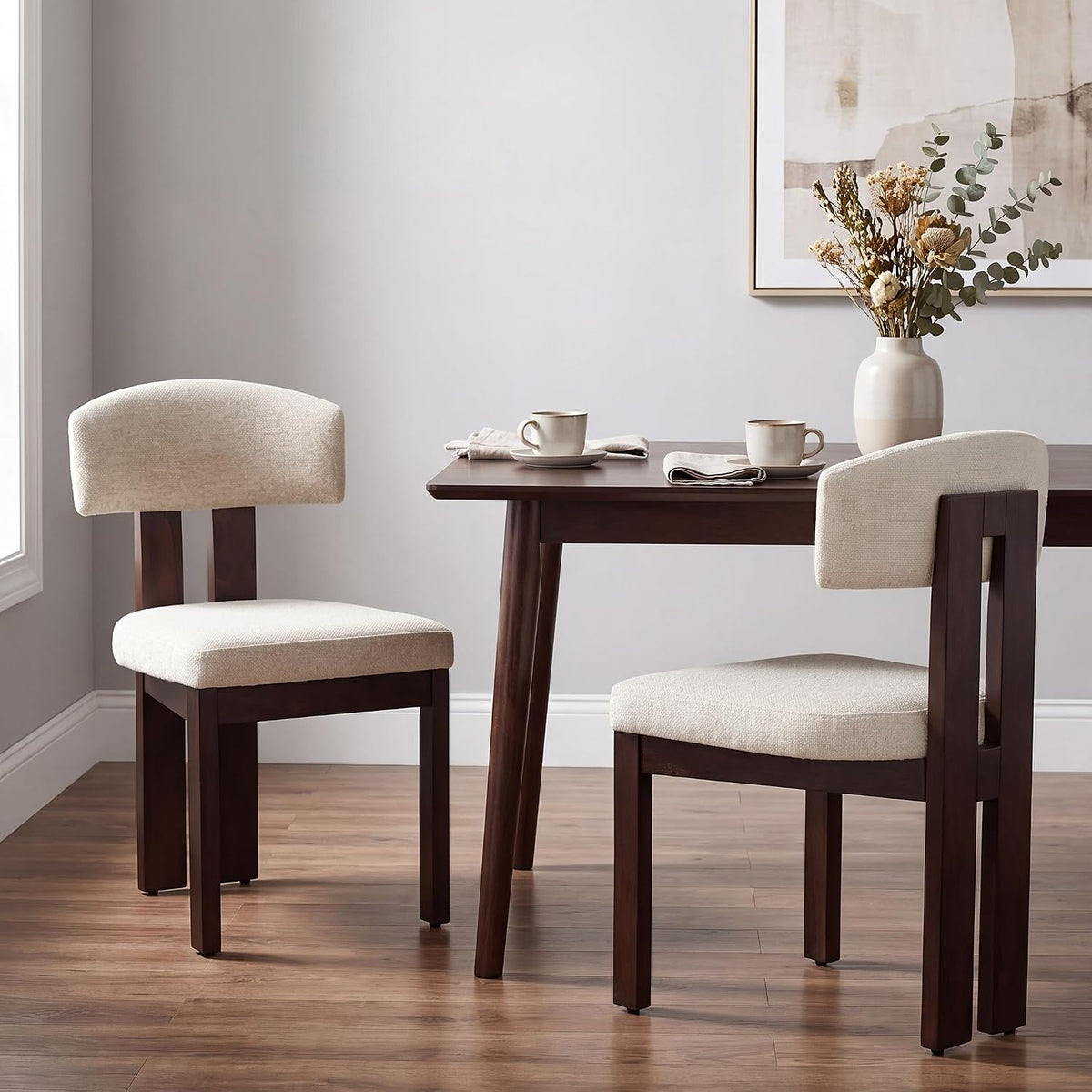 COLAMY Upholstered Dining Chairs Set of 6, Solid Wood Wobble-Free Modern Kitchen Accent Seating for Long Family Dinners, Mid Century Beige Fabric & Walnut Finish,Camel