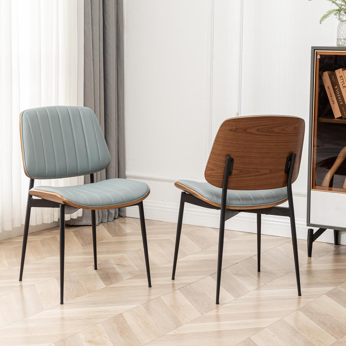 LUNLING Dining Chairs Set of 2 Mid Century Modern Retro Green Velvet Kitchen Chairs with Walnut Bentwood Upholstered Seat Metal Legs Adjustable Foot for Kitchen Dining Room Chairs(Green Fabric)