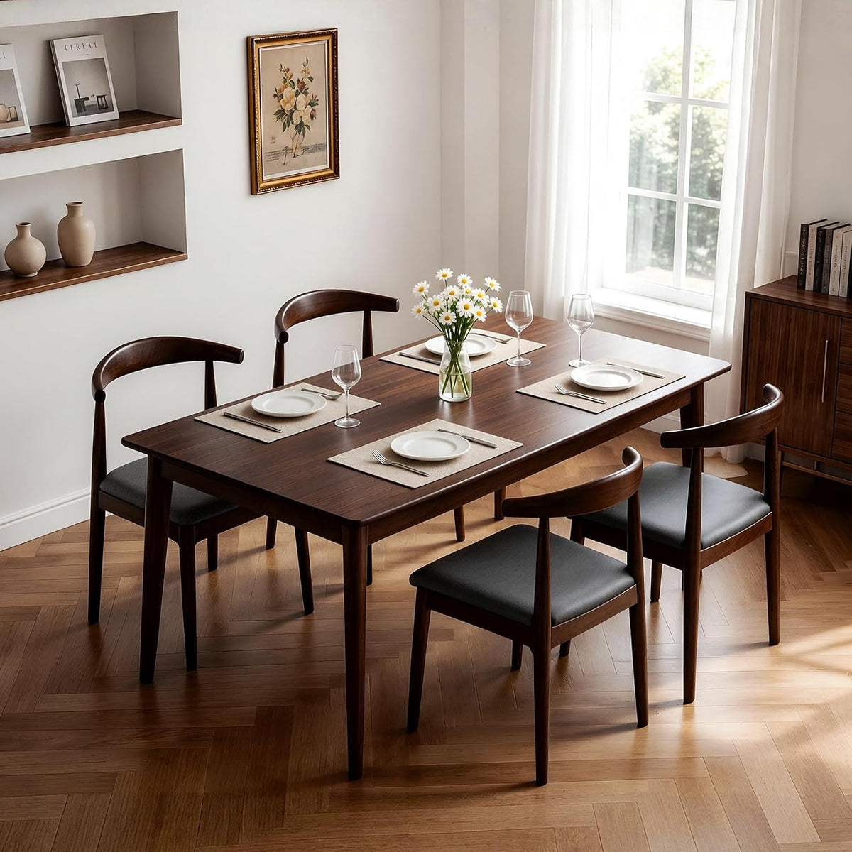 Solid Wood Dining Chairs Set of 2, Mid Century Modern Kitchen Chairs with Leather Upholstered Seat, Elegant Walnut-Colored Side Chairs for Dining Room, Kitchens,Restaurants, Cafes