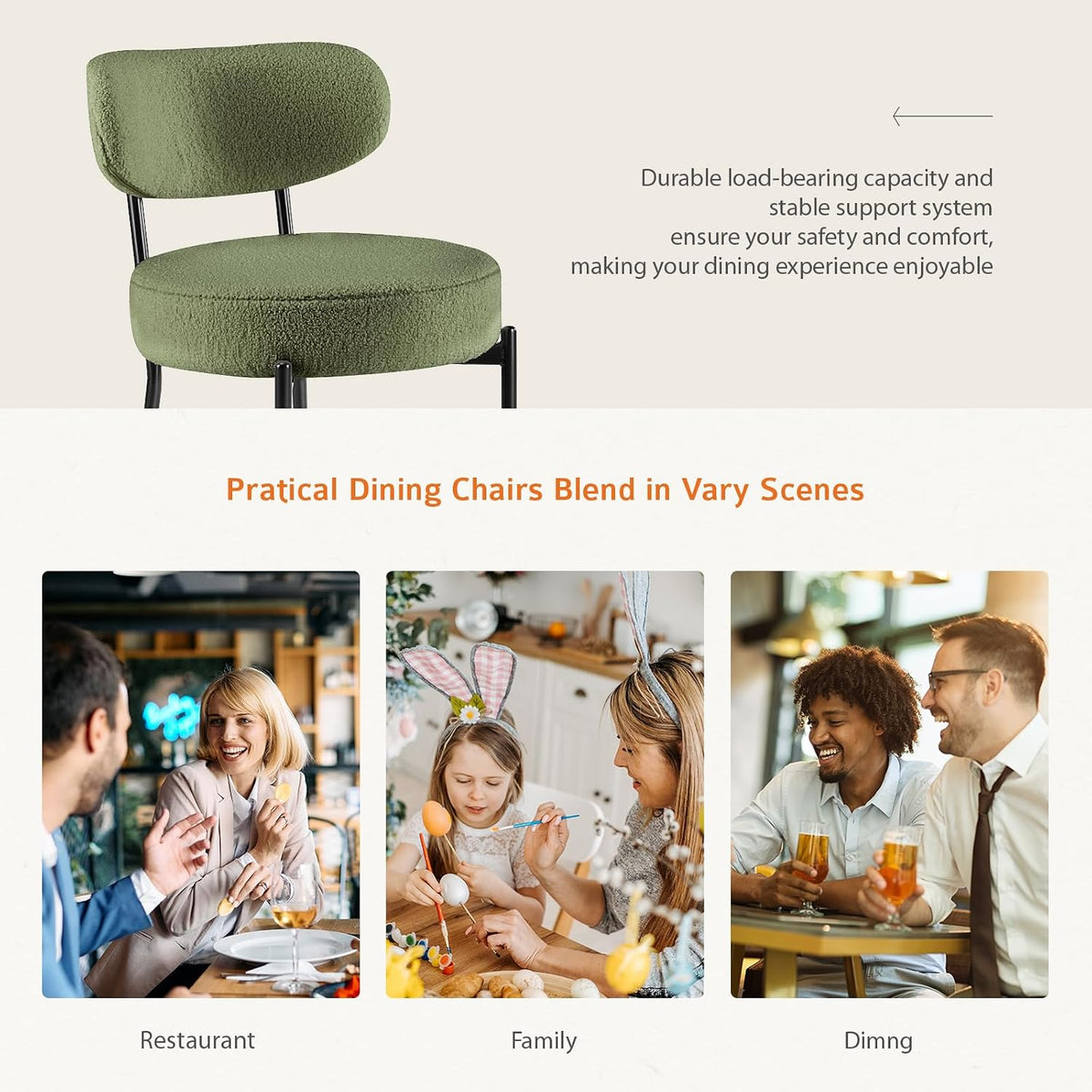 DUMOS Dining Chairs Set of 2, Mid Century Modern Chair Round Upholstered Curved Backrest, Kitchen Vanity Living Room Chairs with Black Metal Legs, Green