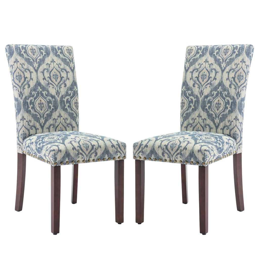 COLAMY Upholstered Parsons Dining Chairs Set of 4, Fabric Dining Room Kitchen Side Chair with Nailhead Trim and Wood Legs - Blue/White Flower
