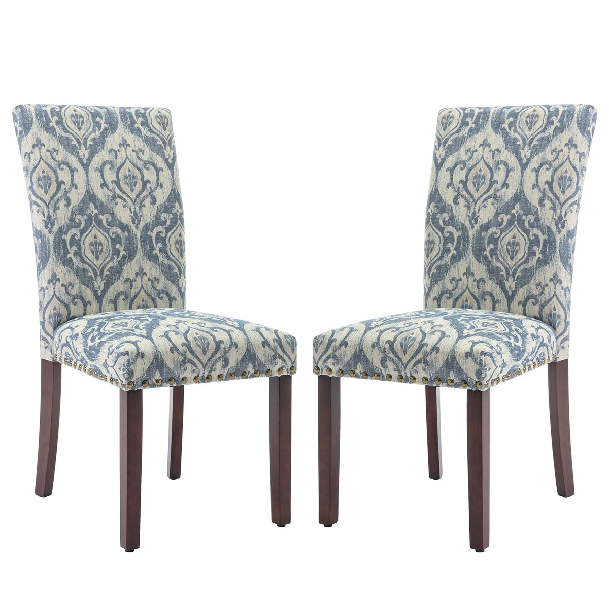 COLAMY Upholstered Parsons Dining Chairs Set of 4, Fabric Dining Room Kitchen Side Chair with Nailhead Trim and Wood Legs - Blue/White Flower