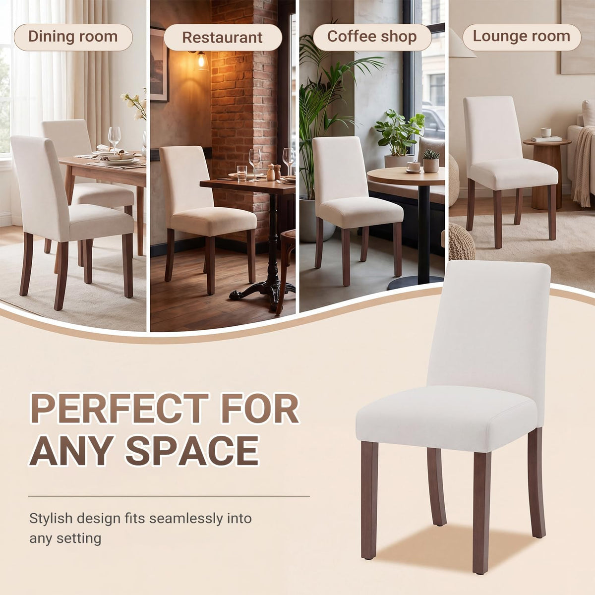MALOL Upholstered Kitchen Chairs Set of 6, Modern Kitchen Chairs with High Back, Padded Fabric Dining Room Chair with Solid Wood Legs for Restaurant/Cafe/Home, Light Beige
