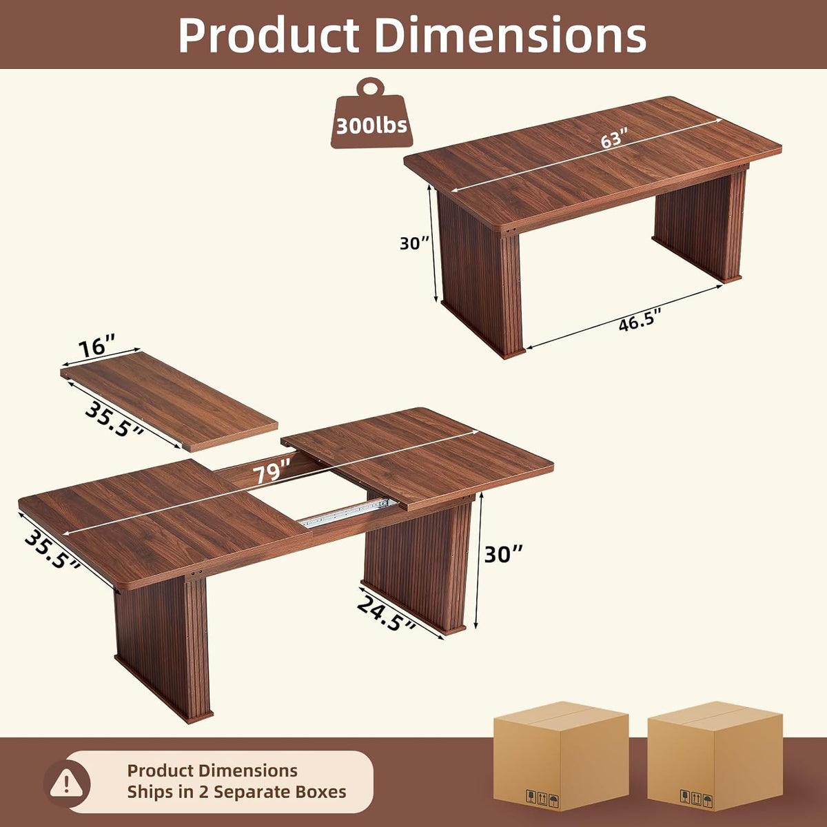 LEYAOYAO Extendable Dining Table for 4-6, 63"–79" with Fluted Base(Walnut)