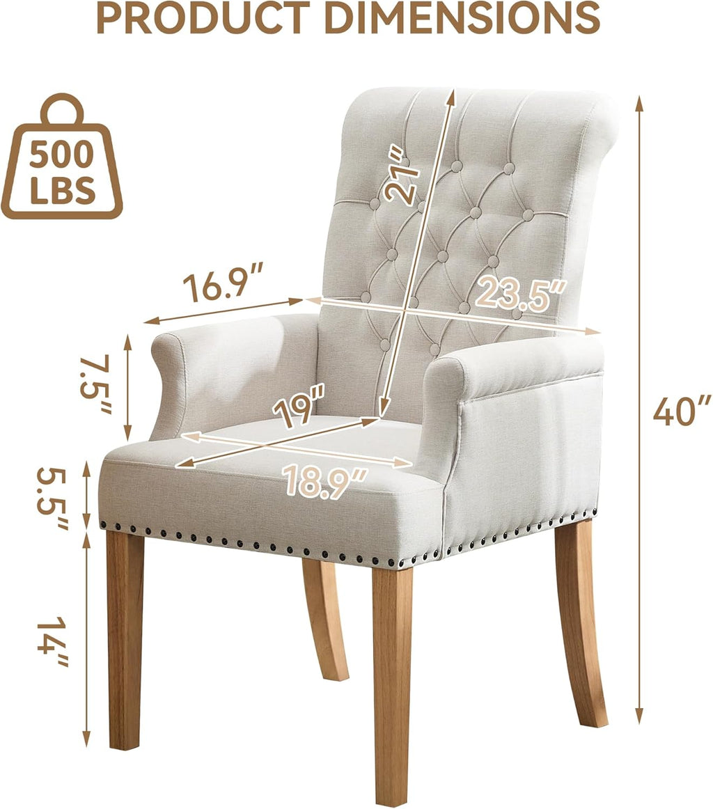 WUTUTUEE Fabric Dining Chair with Arms, Upholstered Tufted High Back Dining Room Chairs, Accent Armchair with Solid Wood Leg and Nailhead Trim, Kitchen Dining Living Room, Beige