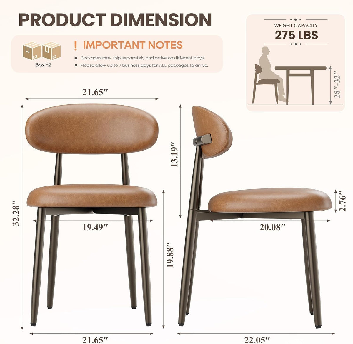 MALOL Dining Chairs Set of 4, Modern Upholstered Kitchen & Dining Room Chairs, Curved Back Dining Chairs with Sturdy Metal Legs, Comfortable Side Chairs for Dining Room, Kitchen, Living Room, Brown