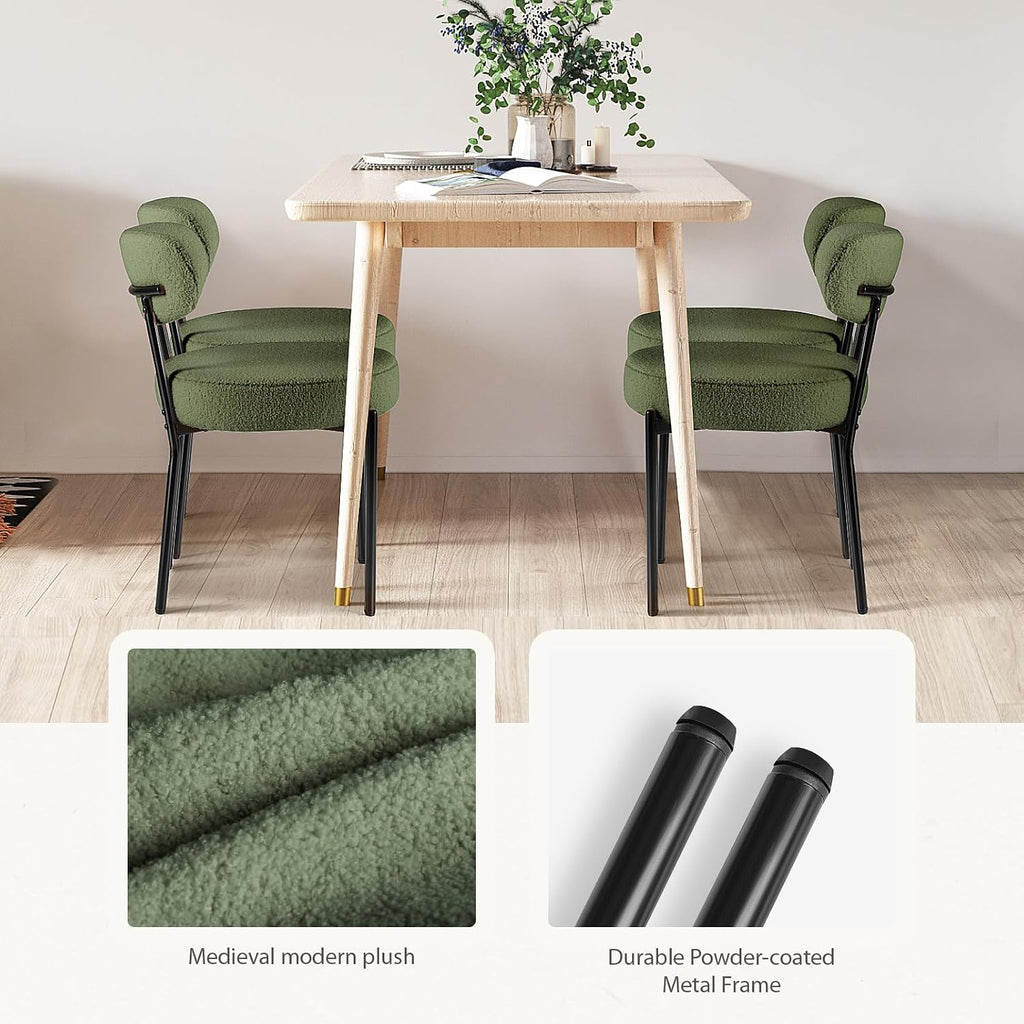 DUMOS Dining Chairs Set of 2, Mid Century Modern Chair Round Upholstered Curved Backrest, Kitchen Vanity Living Room Chairs with Black Metal Legs, Green