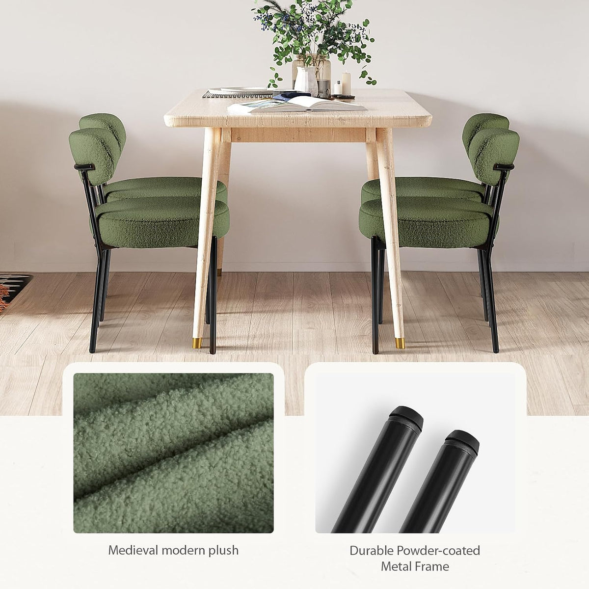 DUMOS Dining Chairs Set of 2, Mid Century Modern Chair Round Upholstered Curved Backrest, Kitchen Vanity Living Room Chairs with Black Metal Legs, Green