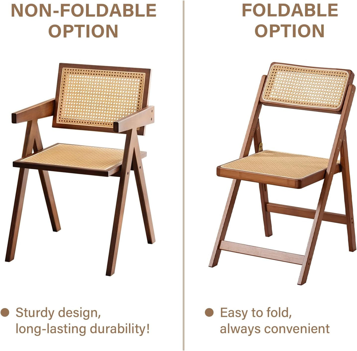 Furlide Rattan Dining Chairs Set of 2, Bamboo Armchairs in Walnut