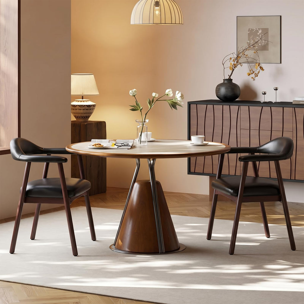 MALOL Leather Dining Chair with Armrest Set of 4, Upholstered Dining Room Chair with Curved Back and Wood Legs, Mid Century Modern Kitchen Chairs for Kitchen Dining Room,Brown