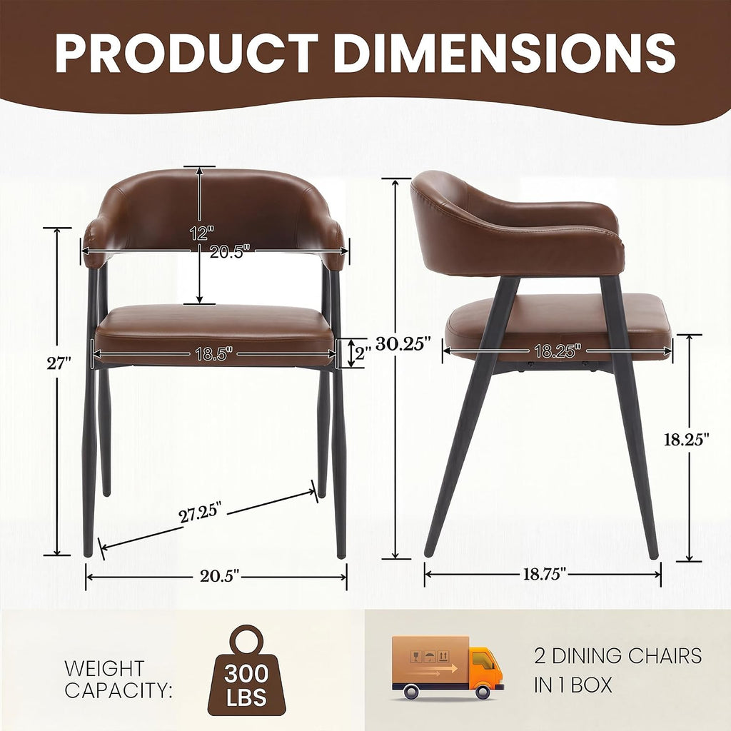 HNY Modern Dining Room Arm Chairs Set of 6, Retro Faux Leather Upholstered Barrel Dining Chairs with Arms Mid-Century Brown Accent Chair with Metal Legs, Open-Back Kitchen Side Chair for Living Room