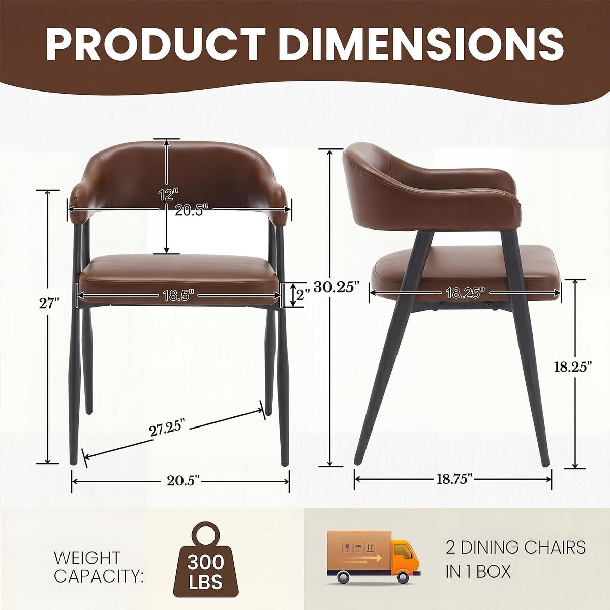 HNY Modern Dining Room Arm Chairs Set of 6, Retro Faux Leather Upholstered Barrel Dining Chairs with Arms Mid-Century Brown Accent Chair with Metal Legs, Open-Back Kitchen Side Chair for Living Room