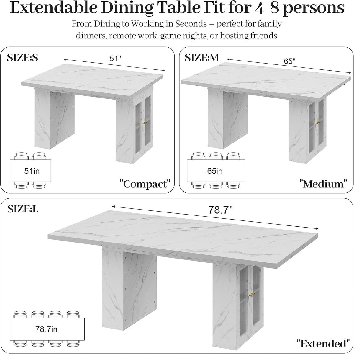 51"-78" Extendable Dining Table, White Faux Marble Kitchen Table for 4-8