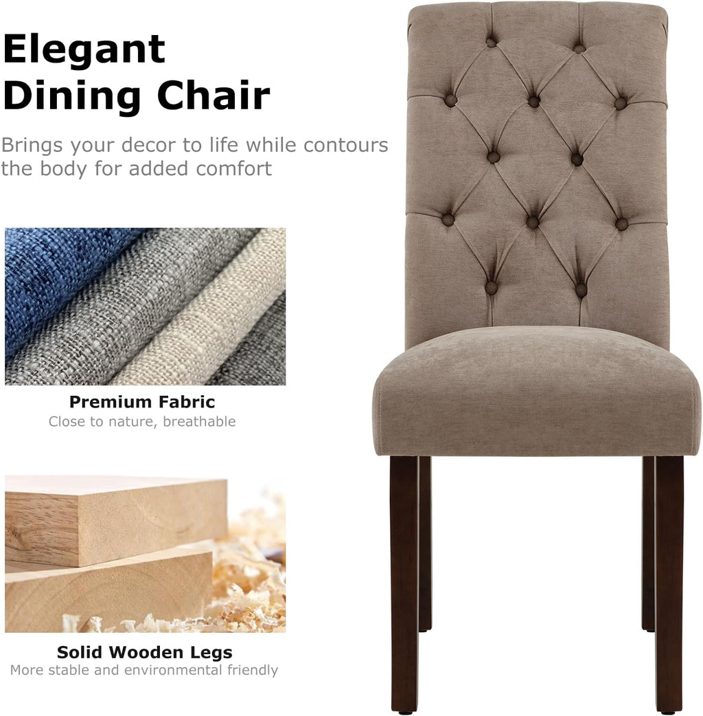 COLAMY Button Tufted Dining Chairs Set of 4, Parsons Upholstered Fabric Dining Room Chairs Kitchen Chairs with Wood Legs and Padded Seat, Taupe