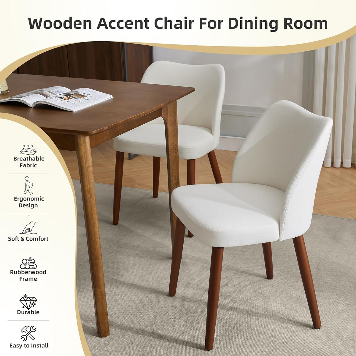 GarveeHome Wooden Dining Chair Set of 4 Upholstered Fabric Dining Chair