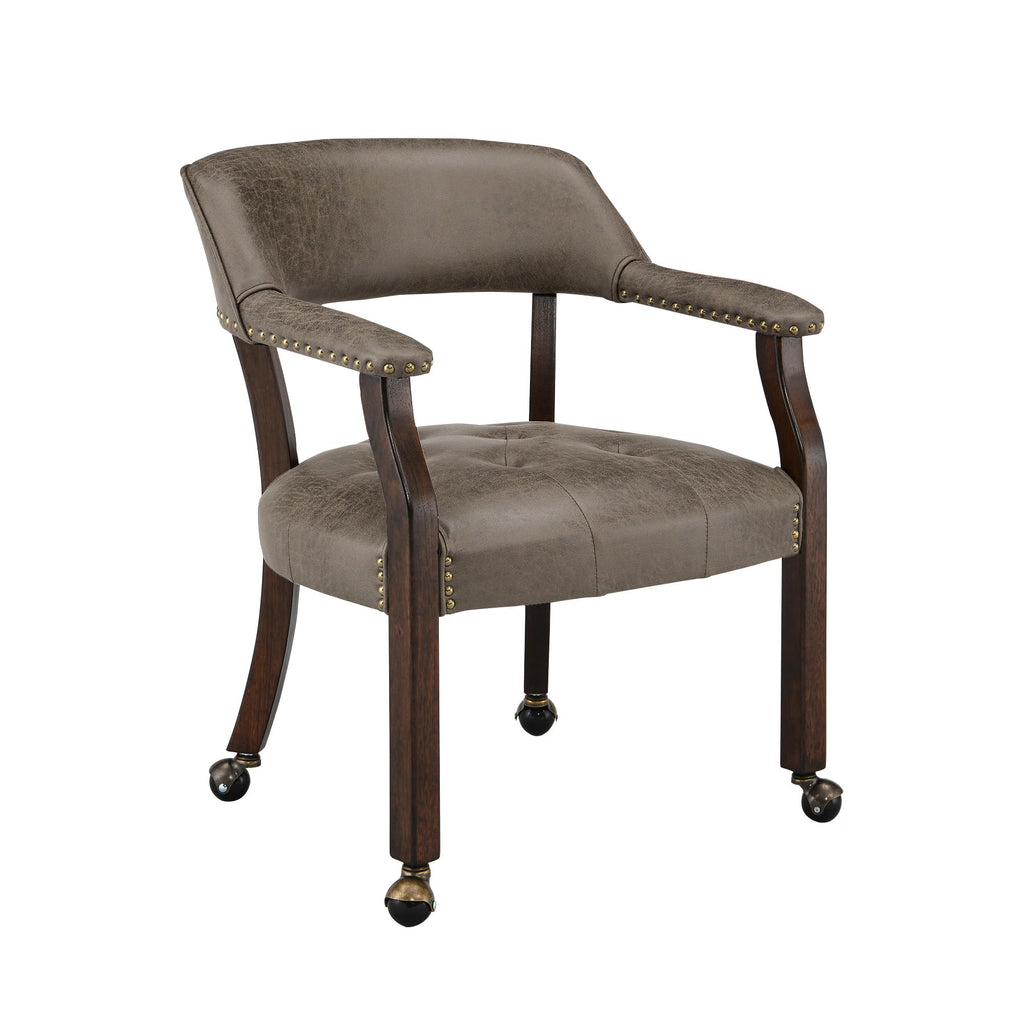 LEEMTORIG Large Dining Chairs with Casters and Arms, Rolling Dining Chairs with Wheels, Accent Game Poker Chairs, Wood Boss Caption's Chairs, 26“Dx25.2 Wx31.5“H, Cherry Legs & Ivory PU, SY-1533-WT