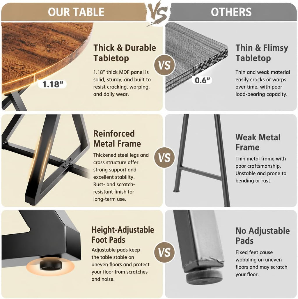 Concho 55" Round Table for 4-6, Circle Dining Dinner Table with Pedestal Metal Frame, Space Saving Wood Kitchen & Dining Room Furniture, Rustic Brown