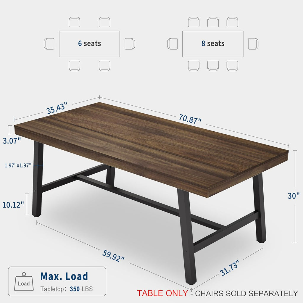 Garvee 71" Farmhouse Dining Table, Rustic Kitchen Table, Brown