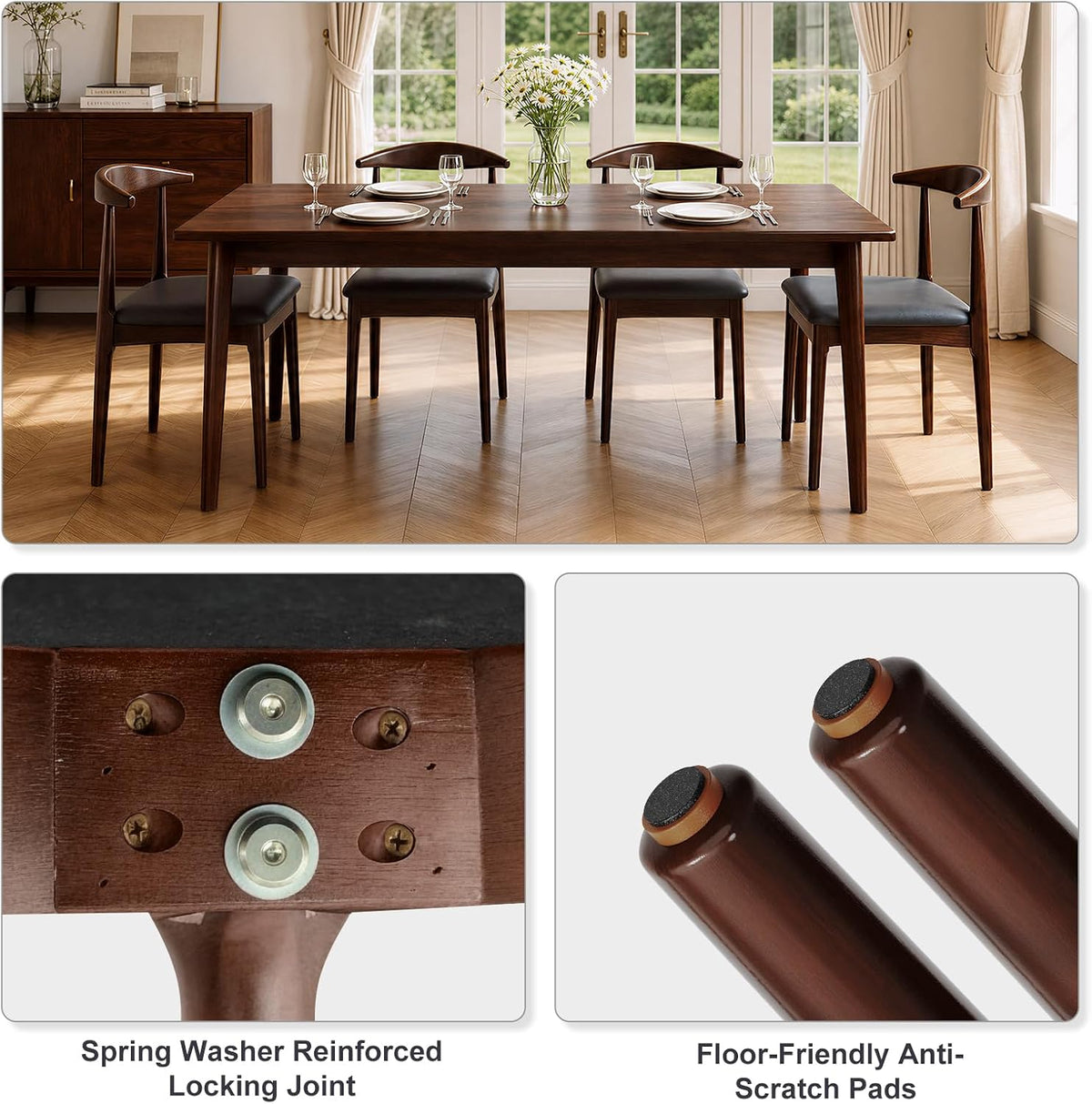 Solid Wood Dining Chairs Set of 2, Mid Century Modern Kitchen Chairs with Leather Upholstered Seat, Elegant Walnut-Colored Side Chairs for Dining Room, Kitchens,Restaurants, Cafes