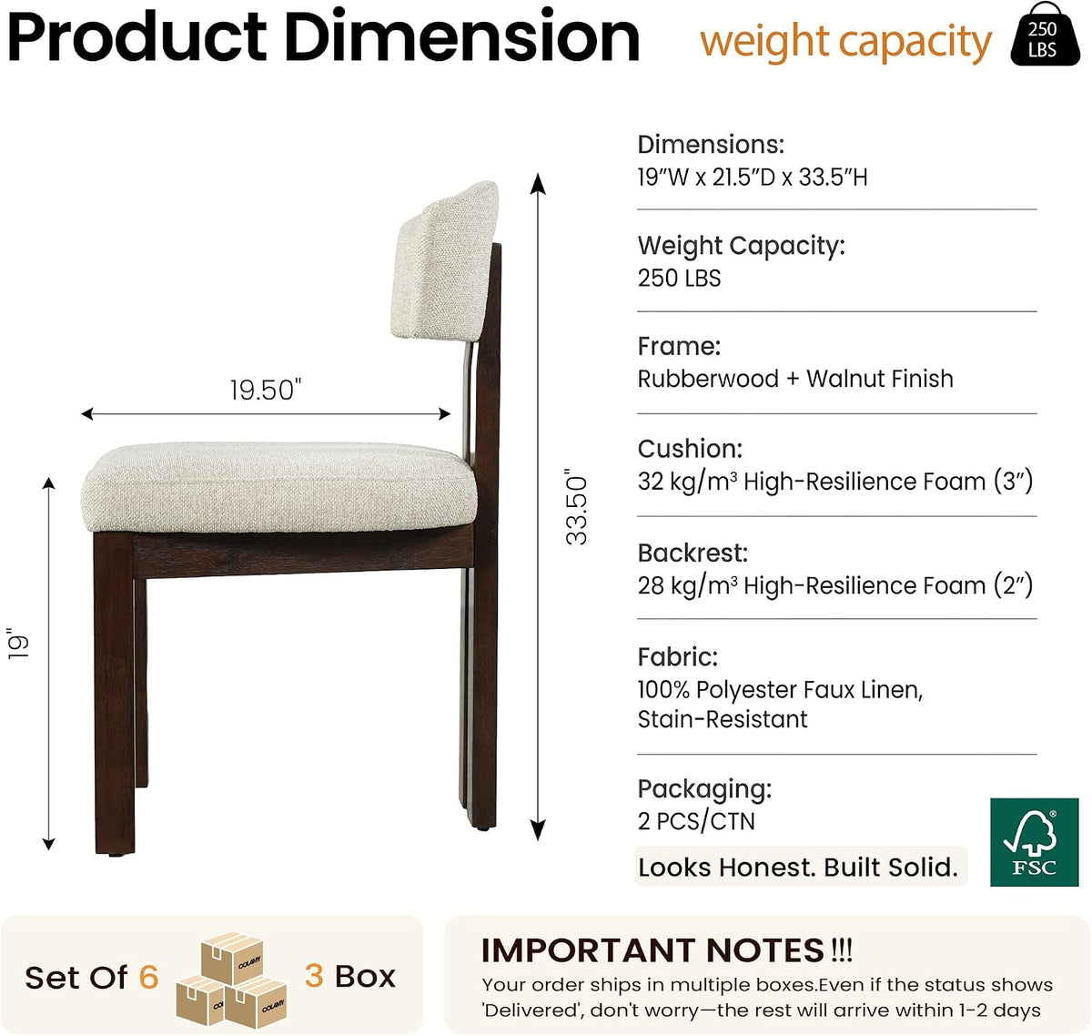 COLAMY Upholstered Dining Chairs Set of 6, Solid Wood Wobble-Free Modern Kitchen Accent Seating for Long Family Dinners, Mid Century Beige Fabric & Walnut Finish,Camel