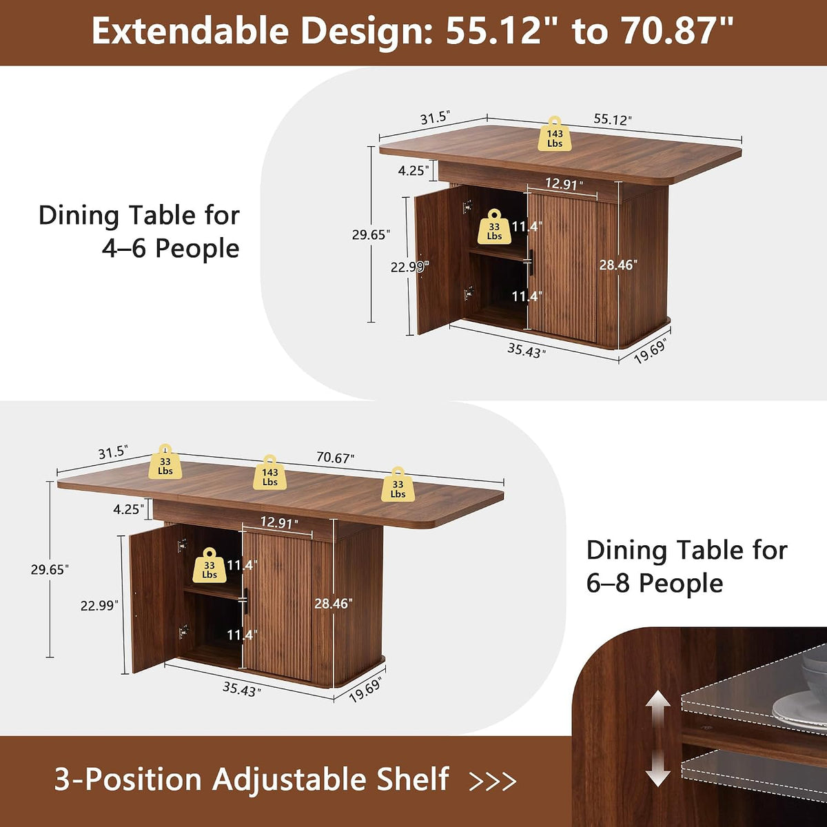 weselon 55"-71" Extendable Dining Table with Storage, Expandable Kitchen Table for 4-6, Space Saving Dining Room Table with Hidden Storage Cabinet, Adjustable Shelves & Fluted Base (Walnut)