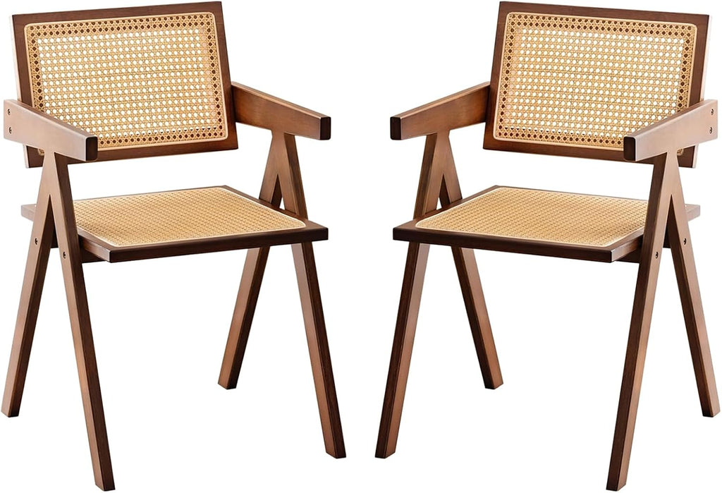 Furlide Rattan Dining Chairs Set of 2, Bamboo Armchairs in Walnut