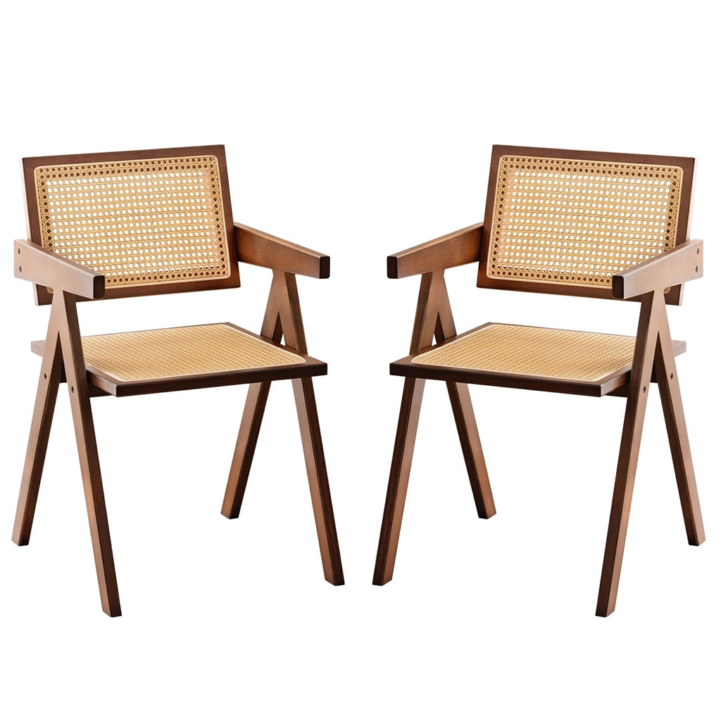 Furlide Rattan Dining Chairs Set of 2, Bamboo Armchairs in Walnut