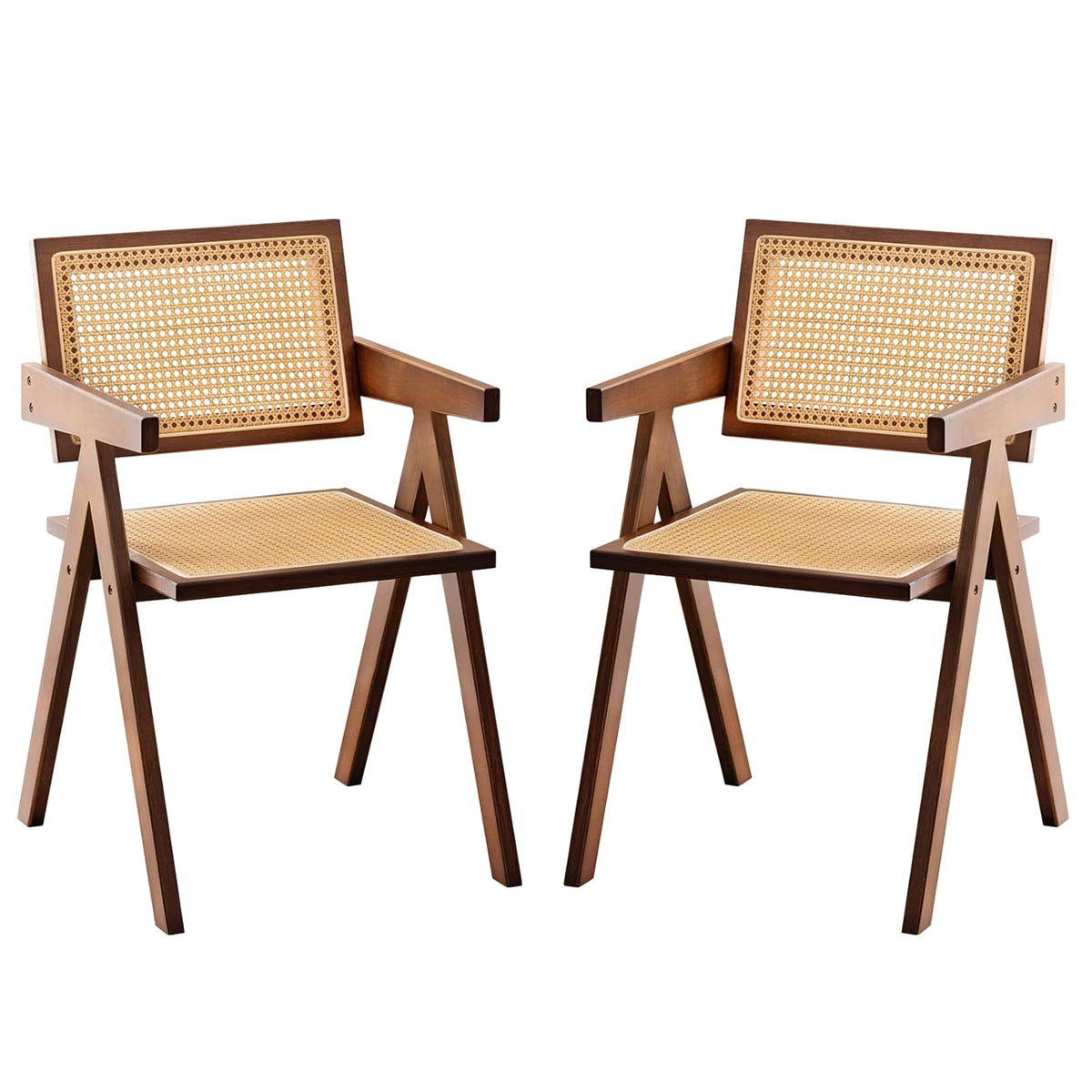 Furlide Rattan Dining Chairs Set of 2, Bamboo Armchairs in Walnut