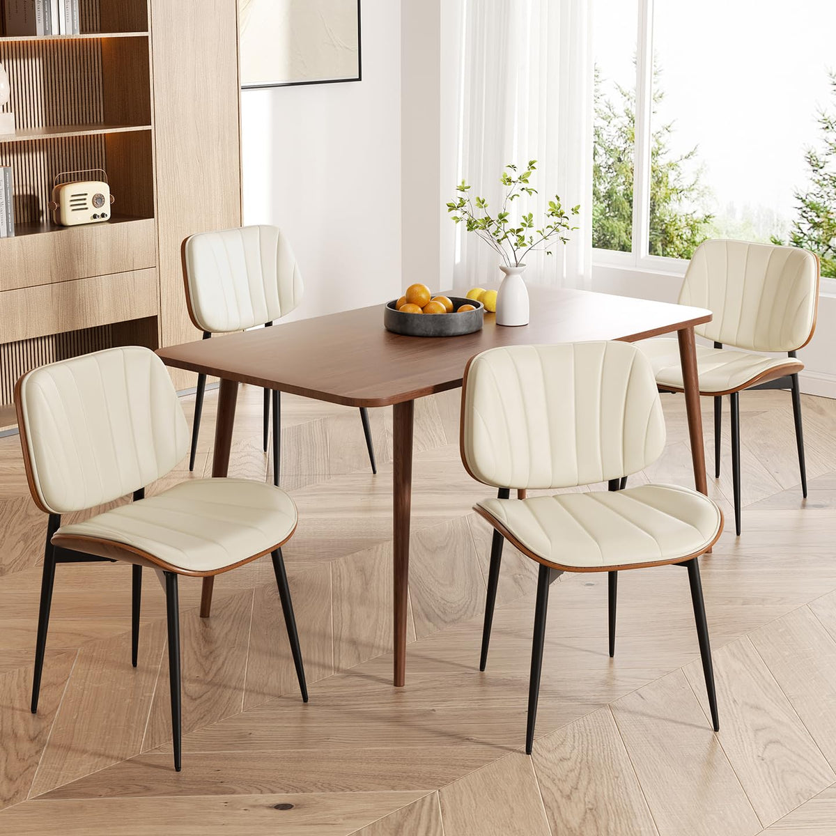 Dining Chairs Set of 2, Mid Century Modern Dining Room Chair, Upholstered Faux Leather Kitchen Chairs with Walnut Bentwood Back and Metal Legs for Kitchen Dining Room Living Room, Black