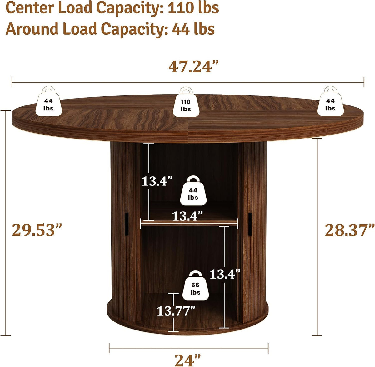 47 inch Round Dining Table for 4-6, Dinner Table with 2-Layer Storage Shelf, Morden Circle Kitchen Table with Wooden Strip Base and Wood Slide Door for Home Dining Room, Living Room, Walnut
