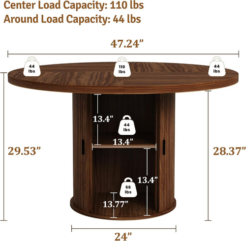 47 inch Round Dining Table for 4-6, Dinner Table with 2-Layer Storage Shelf, Morden Circle Kitchen Table with Wooden Strip Base and Wood Slide Door for Home Dining Room, Living Room, Walnut