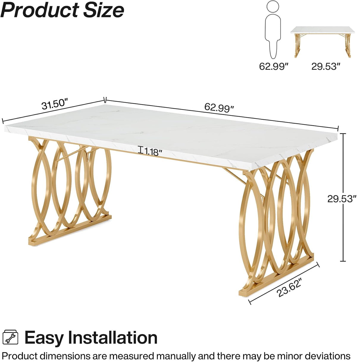 Tribesigns 63" Dining Table for 4 to 6, White and Gold Kitchen Table