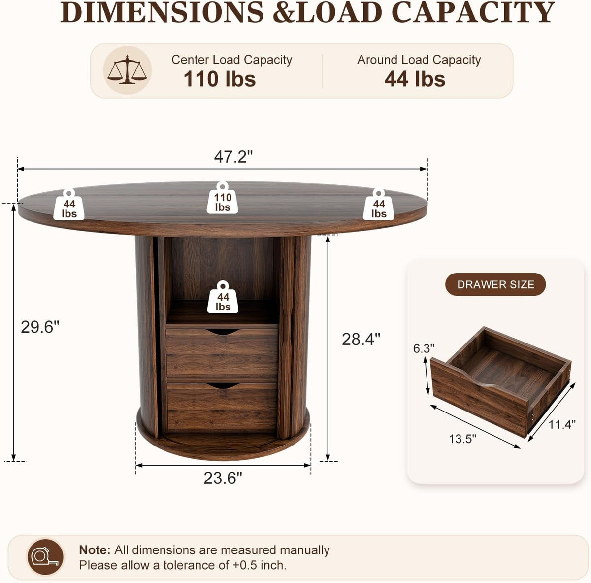 47" Round Dining Table, Walnut