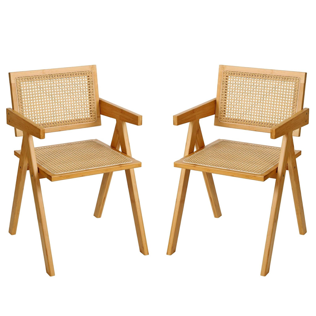 Furlide Rattan Dining Chairs Set of 2, Bamboo Armchairs in Walnut
