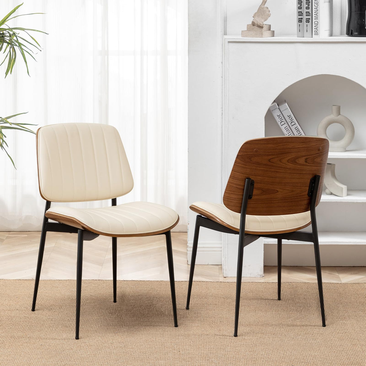LUNLING Dining Chairs Set of 2 Mid Century Modern Retro Green Velvet Kitchen Chairs with Walnut Bentwood Upholstered Seat Metal Legs Adjustable Foot for Kitchen Dining Room Chairs(Green Fabric)
