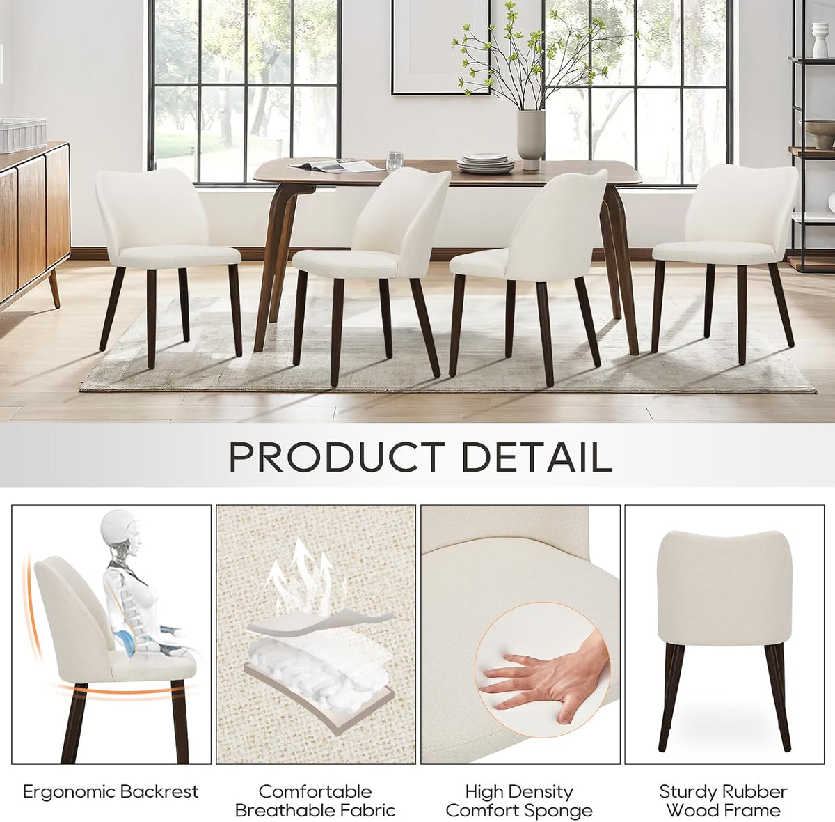 COLAMY Upholstered Dining Chairs Set of 4, Modern Kitchen & Dining Room Chairs with Curved Back, Fabric Padded Seat and Solid Wood Legs, Side Chairs for Restaurant, Cafe & Home, Beige